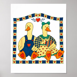 Affiche Couple de canards d'art populaire avec des cœurs d