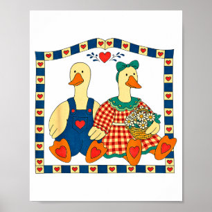 Affiche Couple de canards d'art populaire avec fleurs Mais