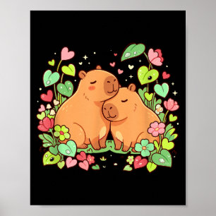 Affiche Couple de capybaras Cute Saint-Valentin Fleur Hear