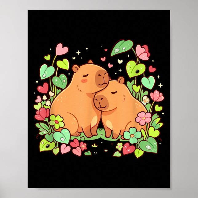 Affiche Couple de capybaras Cute Saint-Valentin Fleur Hear (Devant)