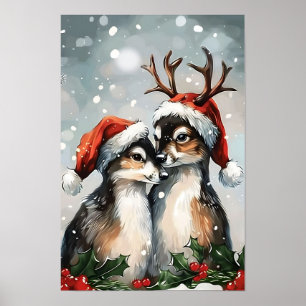 Affiche Couple de cerfs vintage joyeux Noël