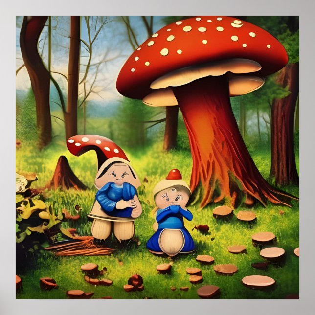 Affiche Couple de champignons gnomes fantaisistes de la fo (Devant)