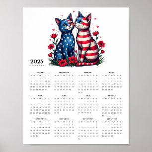 Affiche Couple de chat patriotique en amour 2025 Calendrie