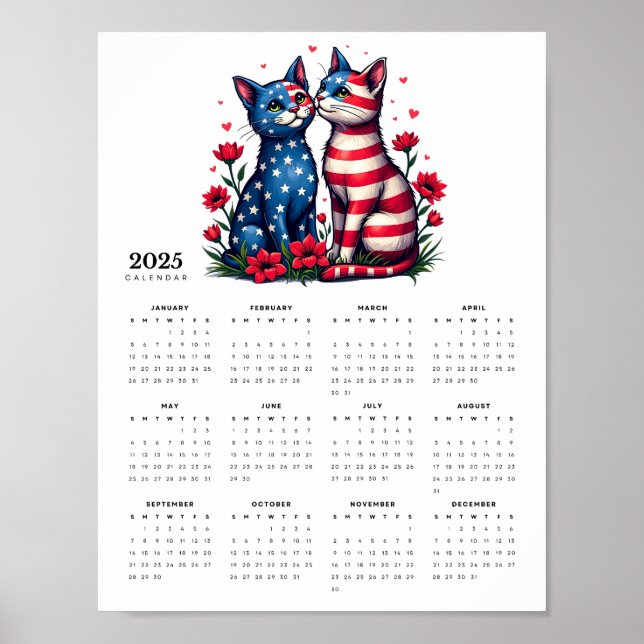 Affiche Couple de chat patriotique en amour 2025 Calendrie (Devant)