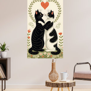 Affiche Couple de chats amoureux du coeur floral