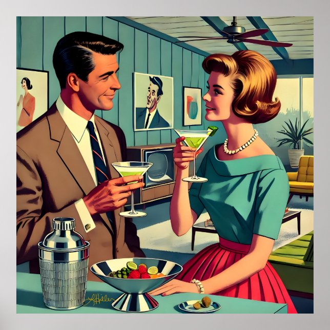 Affiche Couple de fête de cocktail de milieu de siècle - C (Devant)