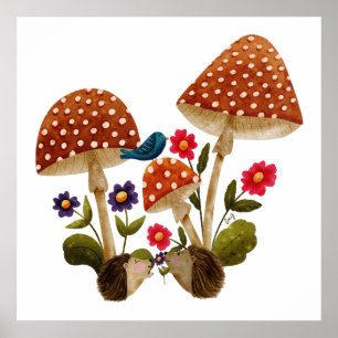 Affiche Couple de hérissons mignons et champignons