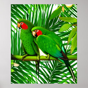 Affiche Couple de perroquets verts dans un décor de jungle