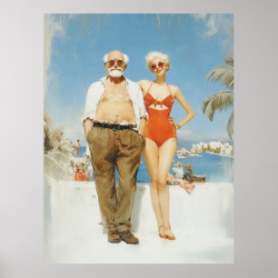 Affiche Couple de plage vintage été contraste