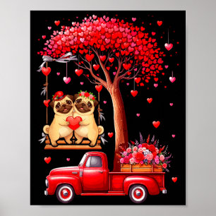 Affiche Couple de Pug Valentines coeurs arbre camionnette