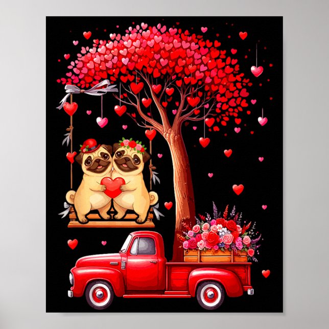 Affiche Couple de Pug Valentines coeurs arbre camionnette  (Devant)