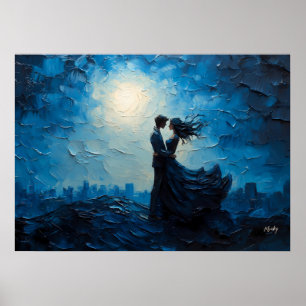 Affiche Couple de romance embrassé sous la lune Scénique S
