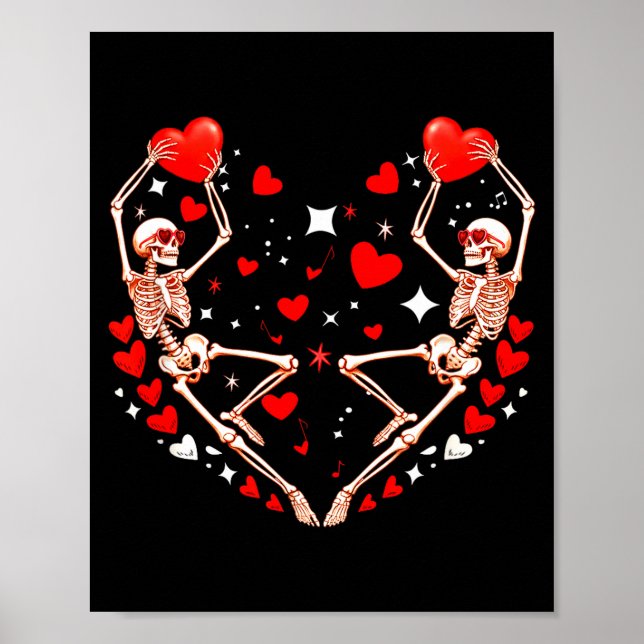 Affiche Couple de squelettes célibataires dansant des cœur (Devant)