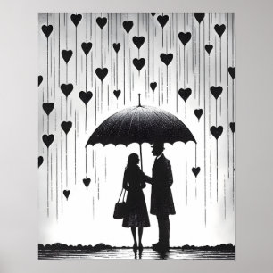 Affiche Couple debout sous parapluie, pluie en forme de co