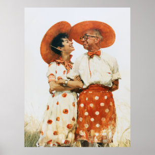 Affiche Couple d'été vintage avec chapeaux orange