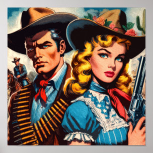 Affiche Couple Far West Bandes Dessinées Rétro