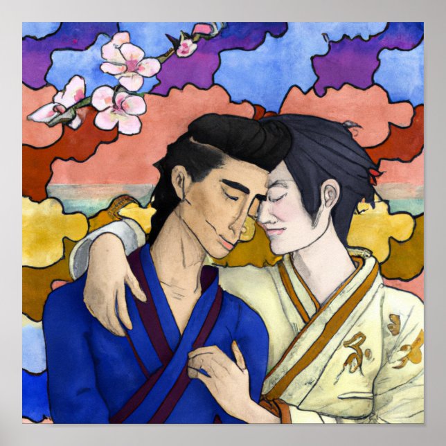 Affiche Couple Gay Dans Le Style De L'Art Japonais Ukiyo-e (Devant)