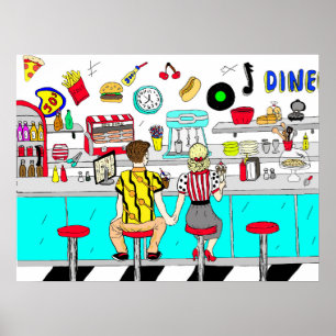 Affiche Couple Holding Hand Retro Nostalgic Fifties Diner