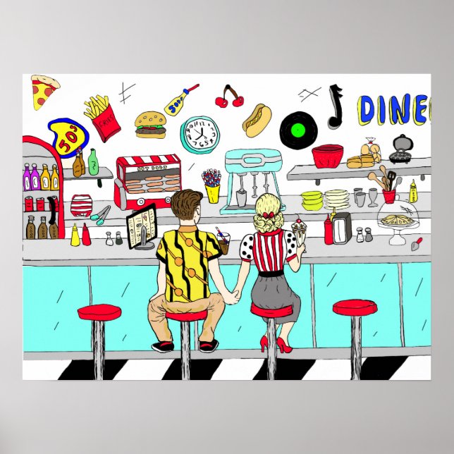 Affiche Couple Holding Hand Retro Nostalgic Fifties Diner (Devant)