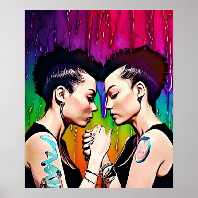 Affiche Couple lesbien tenant les mains Rainbow Art (Devant)