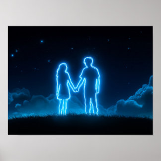 Affiche Couple néon se tenant la main sous un ciel étoilé