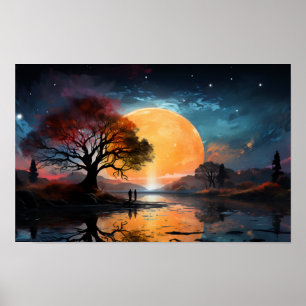 Affiche Couple regardant le soleil au bord du lac