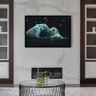 Affiche Couple romantique de tigre blanc dans l'eau la nui