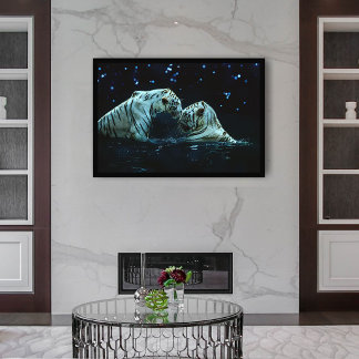 Affiche Couple romantique de tigre blanc dans l'eau la nui