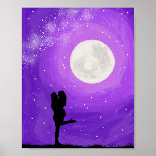 Affiche Couple romantique nuit violette pleine lune étoile