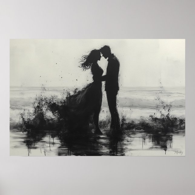 Affiche Couple romantique s'embrassant dans les éclaboussu (Devant)