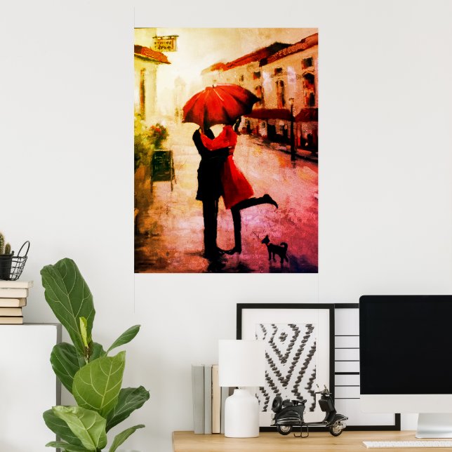 Affiche Couple Romantique S'Embrasser Sous Le Parapluie (Bureau à domicile)