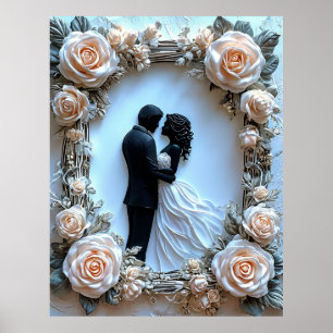 Affiche Couple romantique silhouette cadre floral art mura