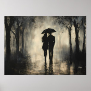 Affiche Couple romantique sous la pluie – Art au fusain mi