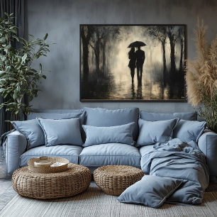 Affiche Couple romantique sous la pluie – Art au fusain mi