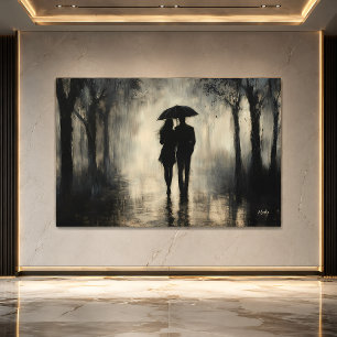 Affiche Couple romantique sous la pluie – Art au fusain mi