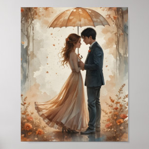 Affiche Couple romantique sous l'affiche parapluie d'autom