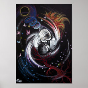 Affiche Couple s'embrassant Amour Yin Yang Art dessin surr