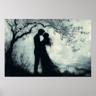 Affiche Couple Silhouette Romantique Sous Arbre Monochrome
