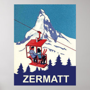 Affiche Couple sur un téléphérique à Zermatt, voyage vinta