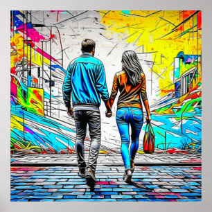 Affiche Couple tenant les mains Urban Graffiti Art