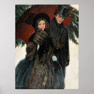 Affiche Couple victorien vintage se promenant dans la neig