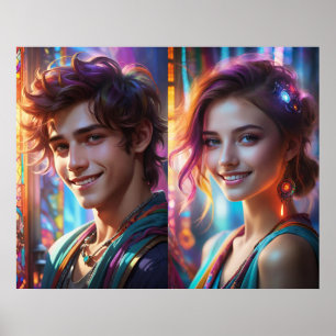 Affiche Couple Whimsical coloré avec des sourires impressi