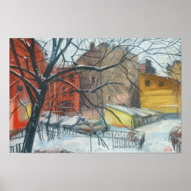 Affiche Cour d'hiver Paysage Peinture Pastel Art (Devant)