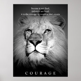 Affiche Courage motivationnel du lion noir et blanc