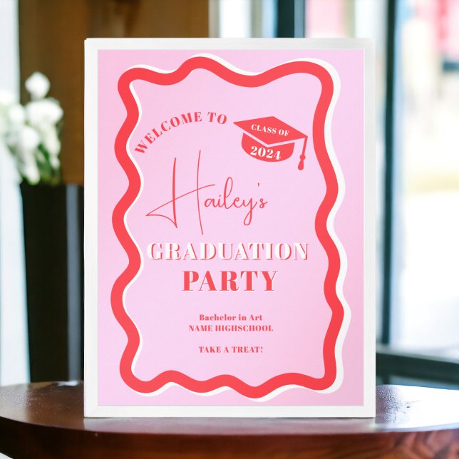 Affiche Courbe rouge rétro-rosée, inclinaison ondulée (Retro pink red curve squiggle wavy graduation poster)