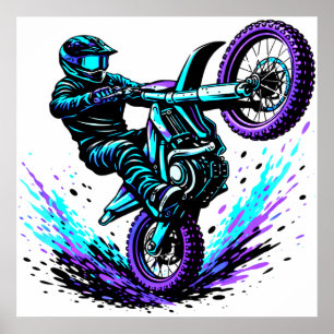 Affiche Coureur de motocross faisant une roue arrière en m
