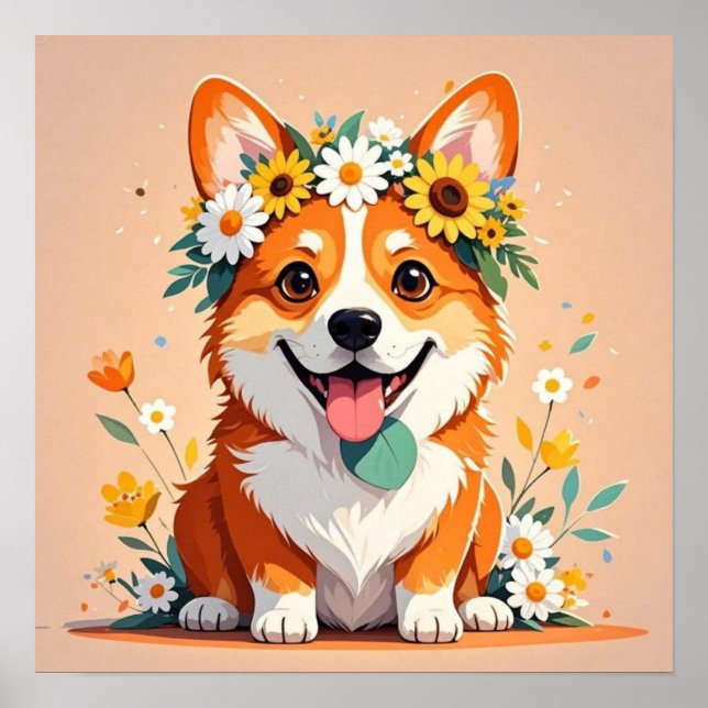 Affiche Couronne de chien corgi joyeux des marguerites et  (Devant)