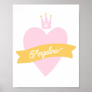 Affiche Couronne de cœur rose monogramme Nom Princesse gir