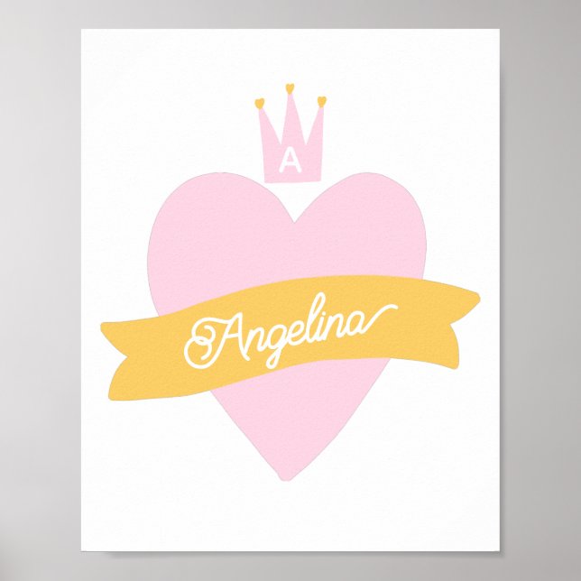 Affiche Couronne de cœur rose monogramme Nom Princesse gir (Devant)