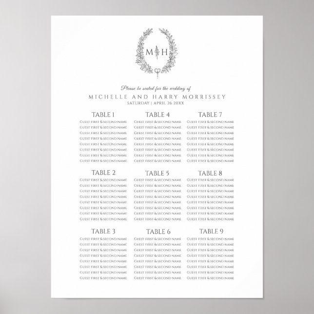 Affiche Couronne de feuilles gris foncé plan de table de m (Devant)